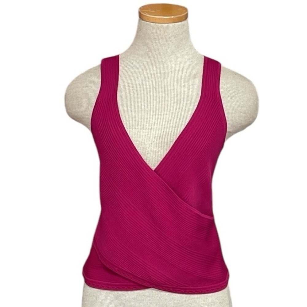 JONATHAN SIMKHAI Top Ribbed Knit Tank Faux Wrap Bright Pink Lacy Edge Size Large